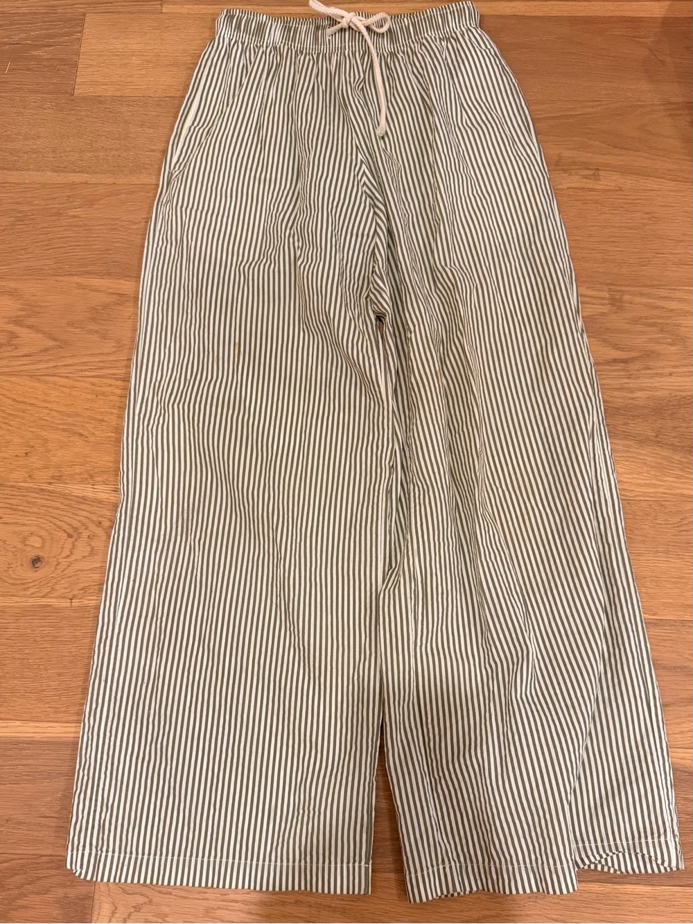 DONNI. Pop Pant Olive & White Striped Elastic Waist Pants